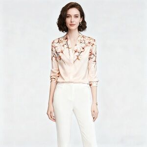 Pink V-neck floral 100% mulberry Silk Blouses For Women Button Up size S-M NWT